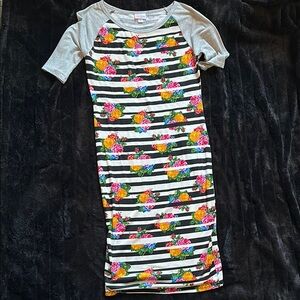 LuLaRoe Floral Striped Midi Dress - Gray, Black, White, Pink, Yellow